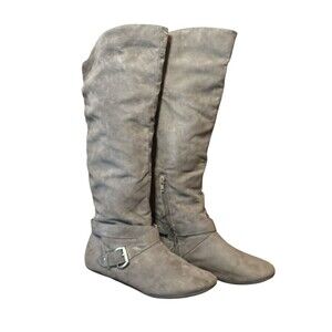Gray Upper Fabric Boots With Buckle Women's Mid Calf Boots Size 8